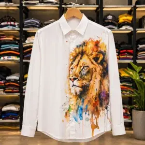 Men’s White Casual Shirt with Artistic Lion Print – Smart Street Fashion