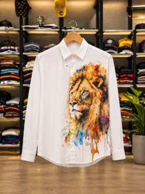 Men’s White Casual Shirt with Artistic Lion Print – Smart Street Fashion