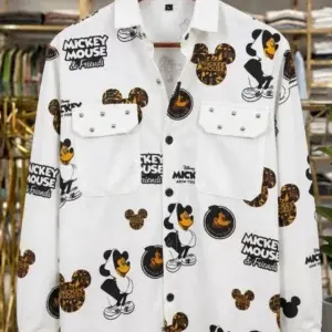 Men’s Trendy Cartoon Printed Shirt – White Mickey Print Half Sleeve Shirt