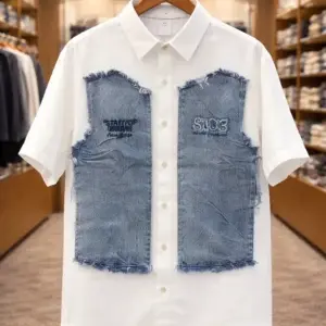 Men’s Designer White Shirt – Denim Patchwork Statement Style