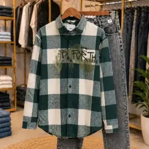 Men’s Trendy Plaid Shirt & Jeans Set – Green White Check Shirt with Grey Denim