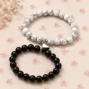 Yin Yang Couple Beaded Bracelet Set – Matching Black & White Stone Bracelets
