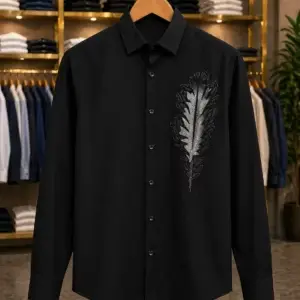 Men’s Classy Feather Texture Shirt – Black Designer Full Sleeve