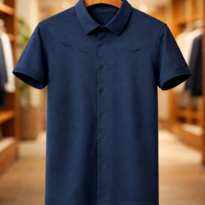 Men’s Navy Blue Casual Button Shirt – Minimal Bird Embroidery