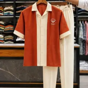 Men’s Rust Contrast Shirt with Cream Trouser Set