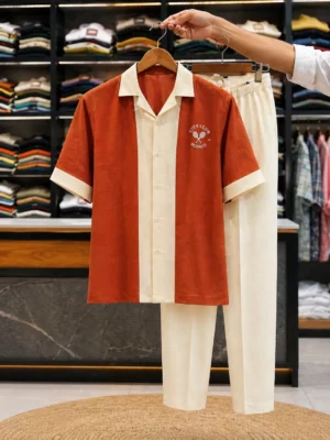 Men’s Rust Contrast Shirt with Cream Trouser Set