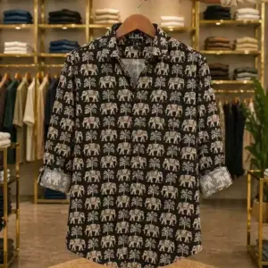 Men’s Stylish Elephant Print Shirt – Black Designer Full Sleeve Casual Shirt