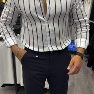 White & Black Vertical Striped Linen Shirt