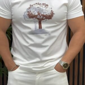 White Tree Print Round Neck T-Shirt