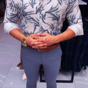 Tropical Leaf Print Textured Shirt Combo