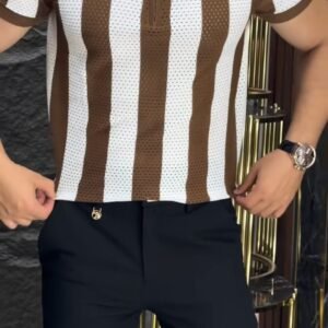 Brown & White Striped Knit Zip Polo