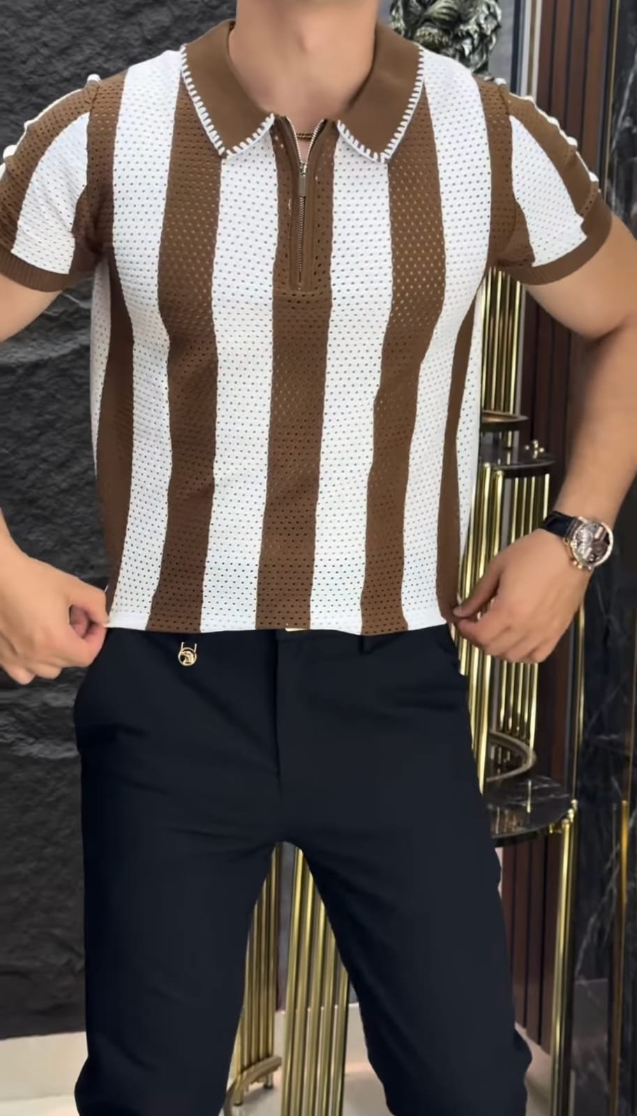Brown & White Striped Knit Zip Polo