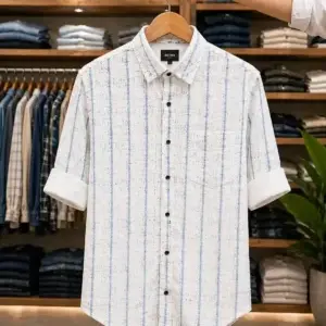 Men’s Stylish Printed Shirt – White & Blue Textured Half Sleeve Shirt