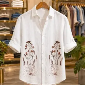 Men’s White Designer Floral Shirt – Stylish Half Sleeve Summer Shirt