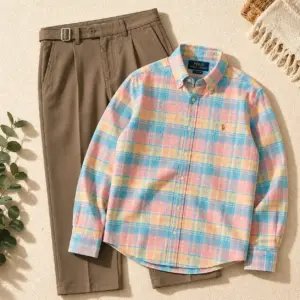 Pastel Plaid Button-Down Shirt and Khaki Trousers Ensemble