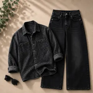 Edgy Charcoal Textured Denim Overshirt and Wide-Leg Pants Set