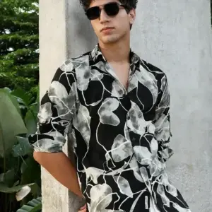 Manhattan Noir – Luxe Abstract Leaf Print Resort Shirt