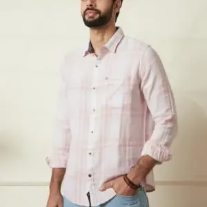Men’s Soft Pink & White Checkered Casual Linen Shirt