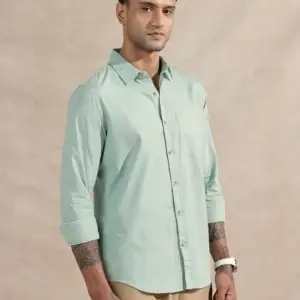 Men’s Mint Green Solid Cotton Casual Shirt