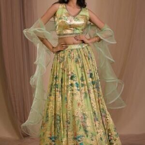 Parrot Green Cutdana Art Silk Readymade Lehenga