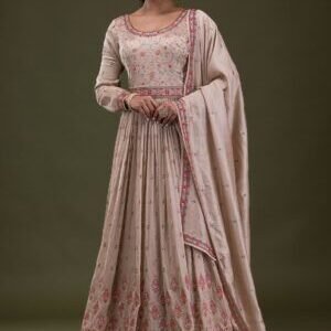 Beige Threadwork Semi Crepe Readymade Salwar Suit