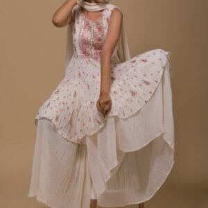 Cream Threadwork Georgette Readymade Sharara Suit