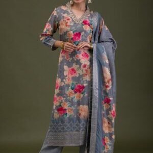 Grey Printed Semi Crepe Readymade Salwar Suit