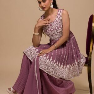 Mauve Threadwork Georgette Readymade Sharara Suit