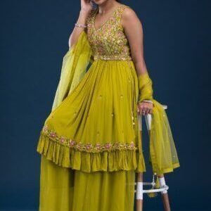 Parrot Green Mirrorwork Georgette Readymade Salwar Suit