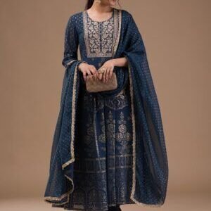 Peacock Blue Printed Crepe Readymade Salwar Suit