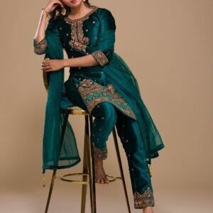 Peacock Blue Zariwork Velvet Readymade Salwar Suit