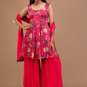 Red Printed Semi Crepe Readymade Sharara Suit