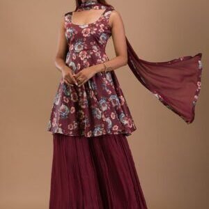 Rust Printed Semi Crepe Readymade Sharara Suit