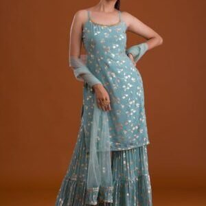 Sea Green Print Georgette Designer Sharara Suit