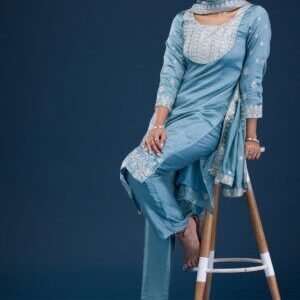 Sky Blue Zariwork Art Silk Readymade Salwar Suit
