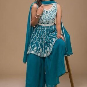 Turquoise Blue Threadwork Georgette Readymade Sharara Suit