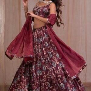 Brown Cutdana Satin Readymade Lehenga