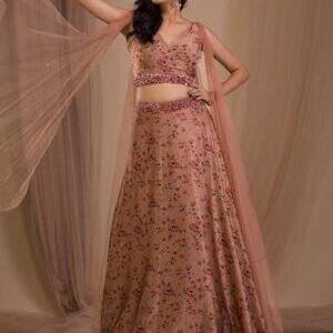 Brown Printed Satin Readymade Lehenga