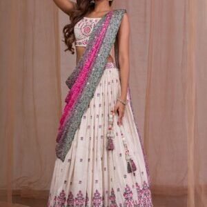 Cream Threadwork Semi Crepe Readymade Lehenga