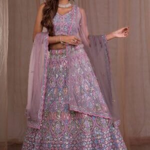 Lavender Mirrorwork Net Readymade Lehenga