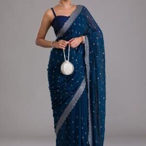 Royal Blue Floral Printed Semi Crepe Saree