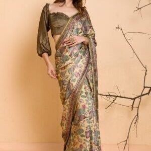 Yellow Floral Printed Organza Designer Saree
