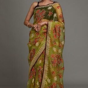 Red Printed Organza Designer Saree