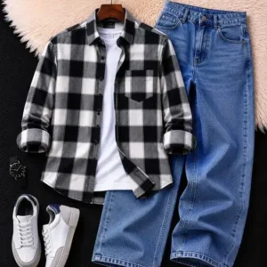 Men's Black & White Checked Shirt with Light Blue Wide-Leg Denim Jeans Combo