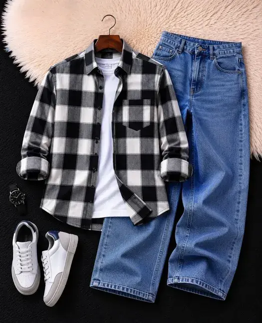 Men's Black & White Checked Shirt with Light Blue Wide-Leg Denim Jeans Combo