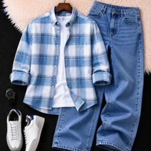 Men's Sky Blue Checked Shirt with Light Blue Wide-Leg Denim Jeans Combo