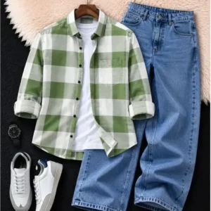 Men's Green Checked Shirt with Wide-Leg Blue Denim Jeans Combo