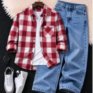 Men's Red & White Checked Shirt with Light Blue Wide-Leg Denim Jeans Combo