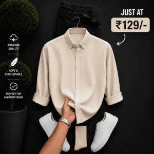 Beige Men's Shirt & Black Denim Jeans Combo – Soft Cotton Casual Outfit for Men