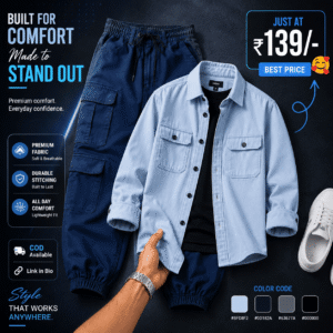 Navy Blue Cargo Pants & Sky Blue Overshirt Combo